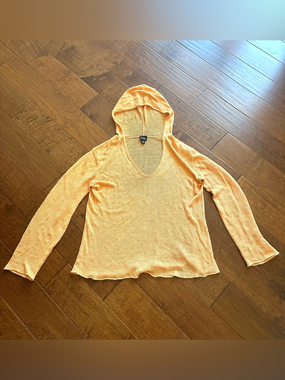 Eileen Fisher 100% Linen Hooded Sweater Size M Orange Lightweight - Picture 2 of 8